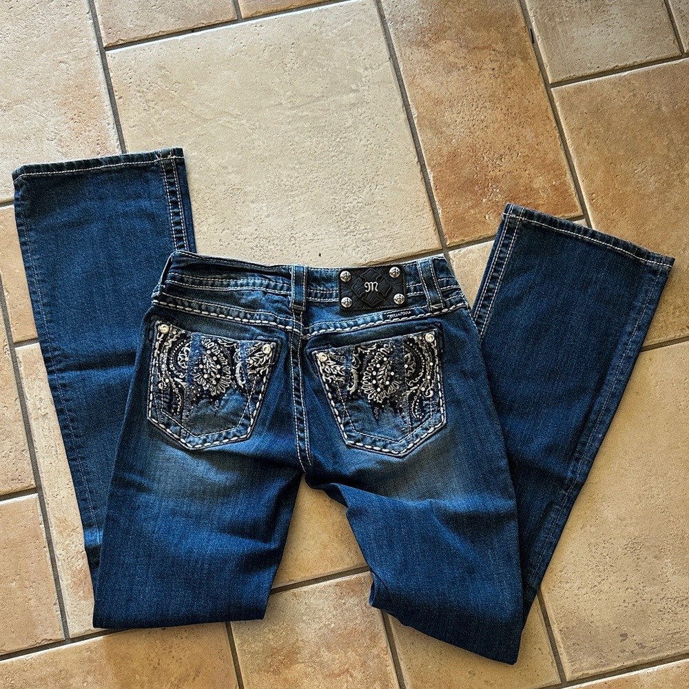 Miss Me Dark Blue Boot Cut Jeans with Silver Accents